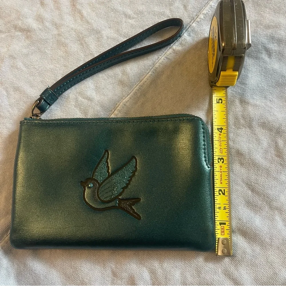 Coach | Metallic Dark Teal Leather Glitter Sparrow Bird | Zip Wristlet